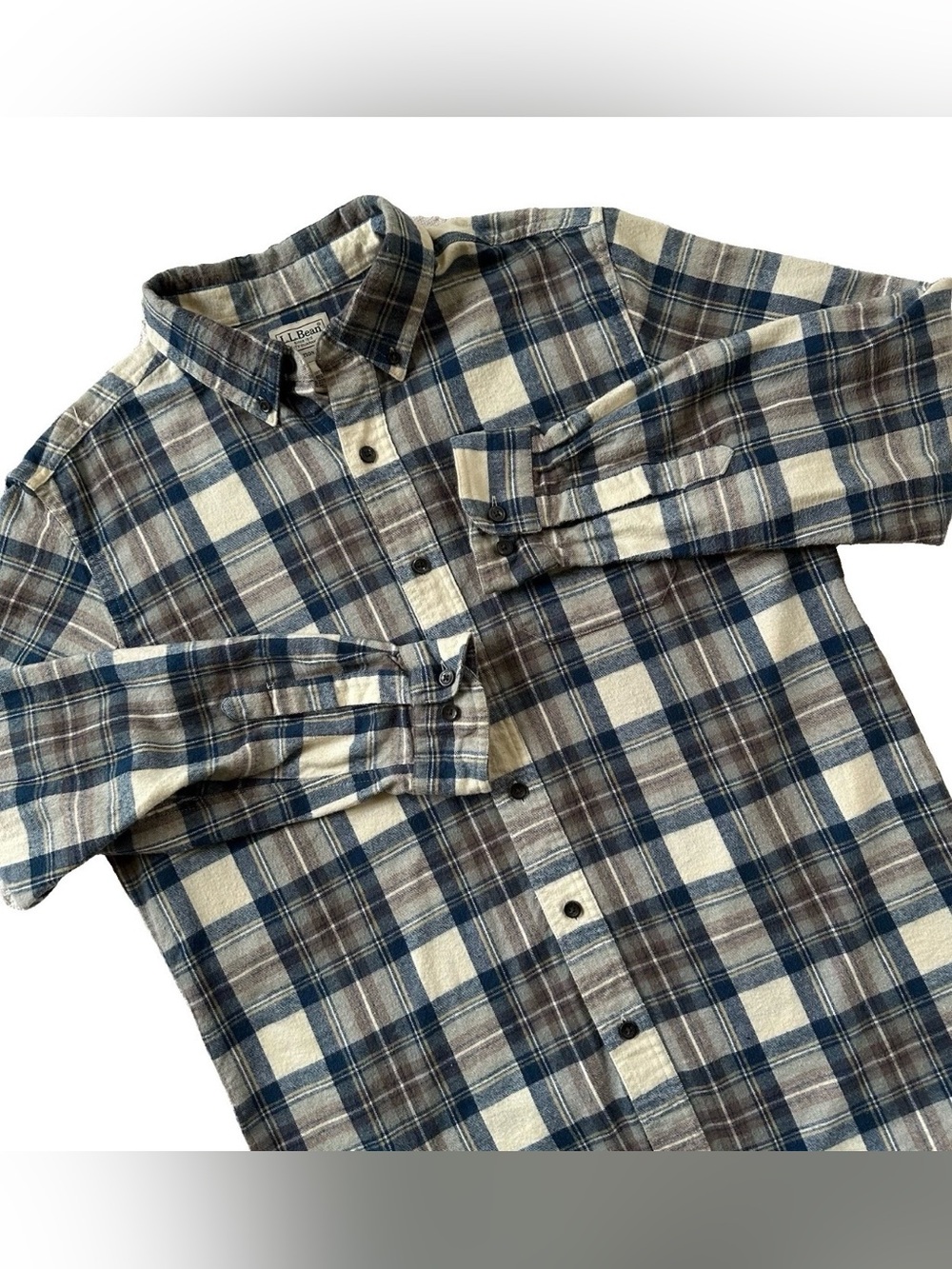 LL Bean Scotch Plaid Flannel Shirt Mens M Trad Fit Tartan Blue Brown 100% Cotton
